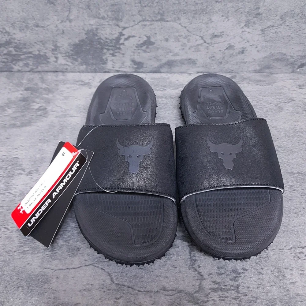 UNDER ARMOUR Project Rock Slides Mens 7 Womens 8.5‎ Black 3023762-001